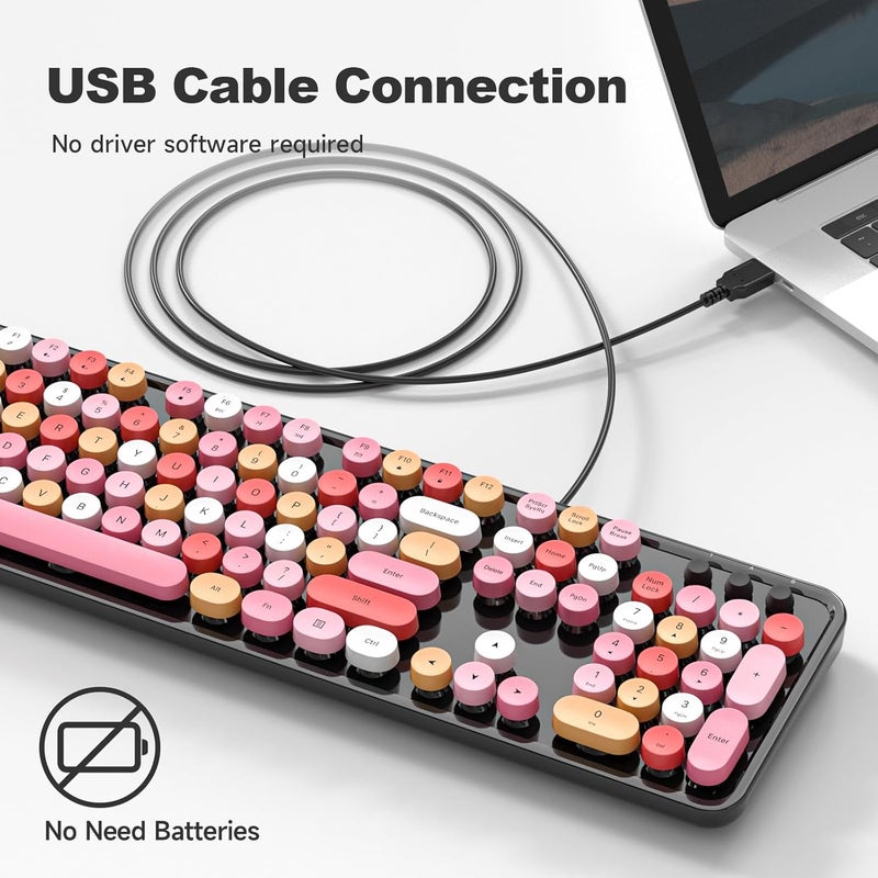 Atelus USB Wired Computer Keyboard - Retro Typewriter Keyboard - Full Size Office Keyboard with Number Pad, Caps Indicators, Foldable Stands, for PC Laptop Desktop Windows (Black Colorful) - Image 2